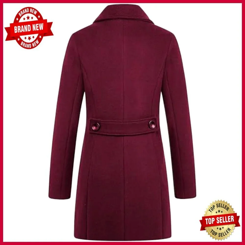 Wool Blend Double Breasted Notch Collar Overcoat Knee Length Slim Fit - Picture 3 of 3